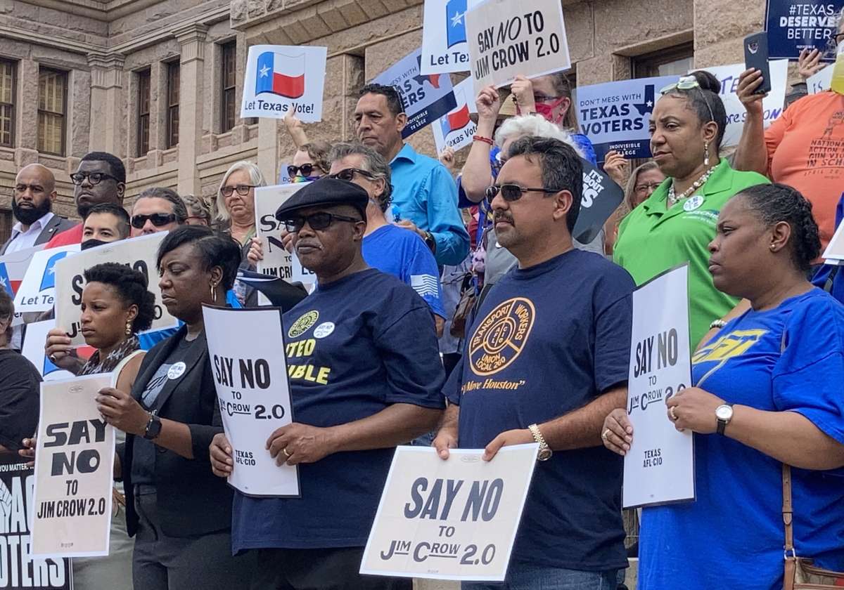 Progressive voting rights advocates and union members rally outside the Texas State Capitol on July 13, 2021, in support of more than 50 Democratic lawmakers who left the state in order to break quorum.