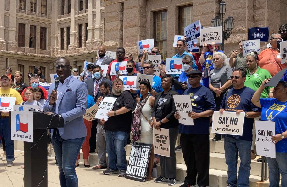 Texas Democratic Party Co-Executive Director Jamarr Brown speaks outside the Texas State Capitol on July 13, 2021, in support of more than 50 Democratic lawmakers who left the state in order to break quorum.