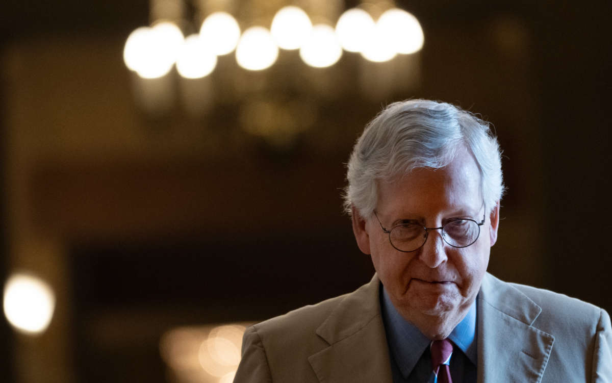 Senate Minority Leader Mitch McConnell leaves his office and walks to the Senate floor at the U.S. Capitol on June 14, 2021.