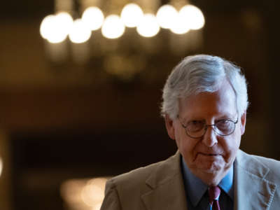 Senate Minority Leader Mitch McConnell leaves his office and walks to the Senate floor at the U.S. Capitol on June 14, 2021.