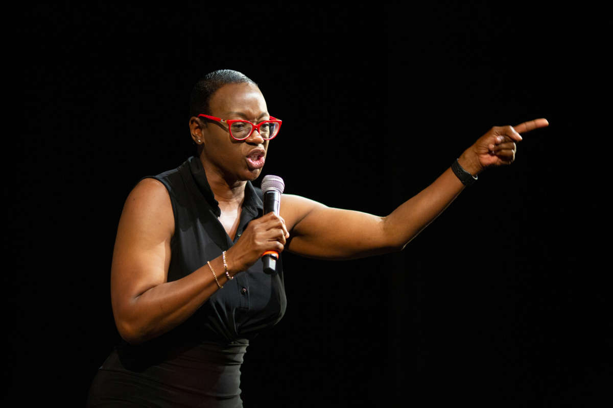 Former Ohio State Sen. Nina Turner speaks before Sen. Bernie Sanders takes the stage for a town hall discussion about health care on July 25, 2019, in Los Angeles, California.