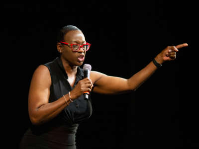 Former Ohio State Sen. Nina Turner speaks before Sen. Bernie Sanders takes the stage for a town hall discussion about health care on July 25, 2019, in Los Angeles, California.