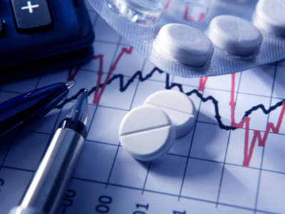 Pharmaceuticals, pills and finance charts