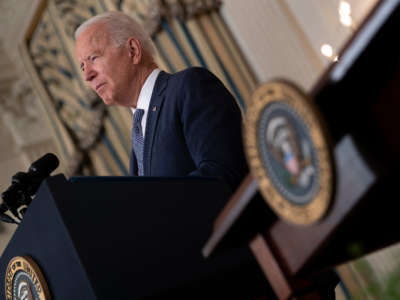 President Joe Biden speaks during an executive order signing regarding competition in the State Dining Room of the White House, July 9, 2021, in Washington, D.C.