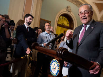 Senate Majority Leader Chuck Schumer speaks during a news conference following the Senate Democrats policy luncheon in Washington, D.C., on July 13, 2021.