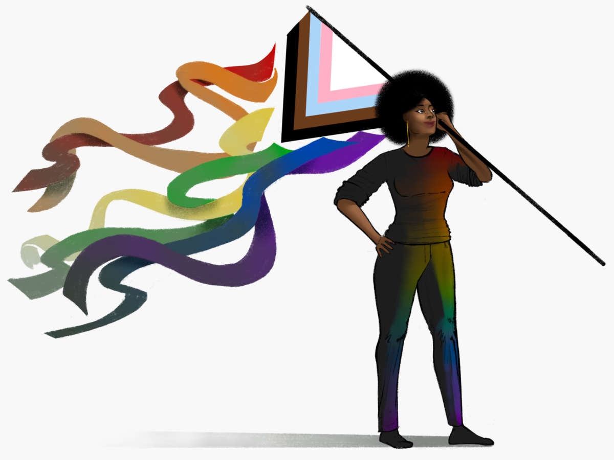 A woman stands with a QTPOC flag, the rainbow elements of which are falling off, in triumph.