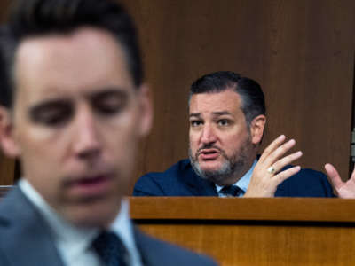 Senators Ted Cruz and Josh Hawley attend a Senate Judiciary Committee markup in the Hart Senate Office Building on June 10, 2021.