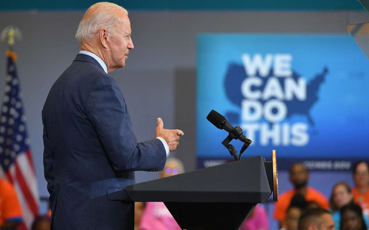 President Joe Biden speaks after visiting a mobile vaccination unit at the Green Road Community Center in Raleigh, North Carolina, on June 24, 2021.