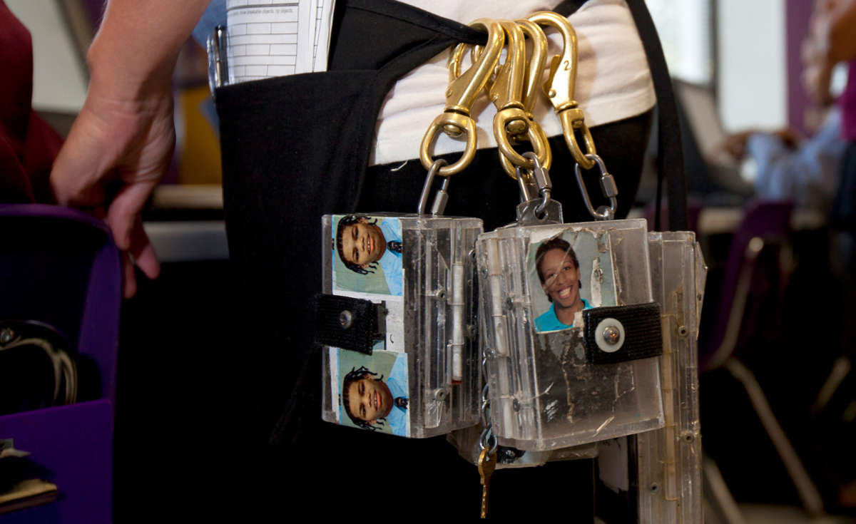 Teacher Casey Gallagher wears shock treatment transmitters during class at Judge Rotenberg Center in Canton, Massachussetts, in September, 2010.