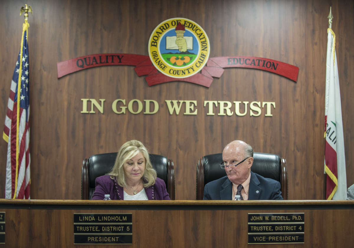 The Orange County Department of Education holds a public meeting addressing the issue of separation between church and state in public education settings on November 16, 2016, in Orange County, California.