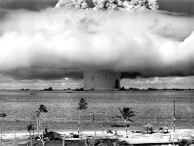 United States detonates an atomic bomb at Bikini Atoll on the Marshall Islands in the first underwater test of the device, circa 1946.