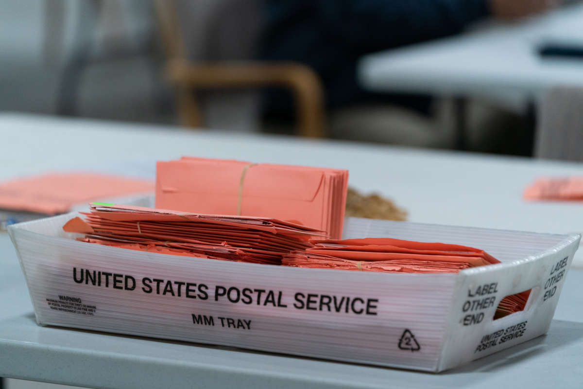 Provisional ballots are seen in a postal service tray at the Gwinnett County Board of Voter Registrations and Elections offices on November 7, 2020, in Lawrenceville, Georgia.