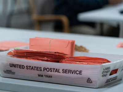 Provisional ballots are seen in a postal service tray at the Gwinnett County Board of Voter Registrations and Elections offices on November 7, 2020, in Lawrenceville, Georgia.