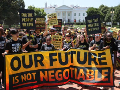 Hundreds of young climate activists rally in Lafayette Square on the north side of the White House to demand that President Joe Biden work to make the Green New Deal into law on June 28, 2021, in Washington, D.C.