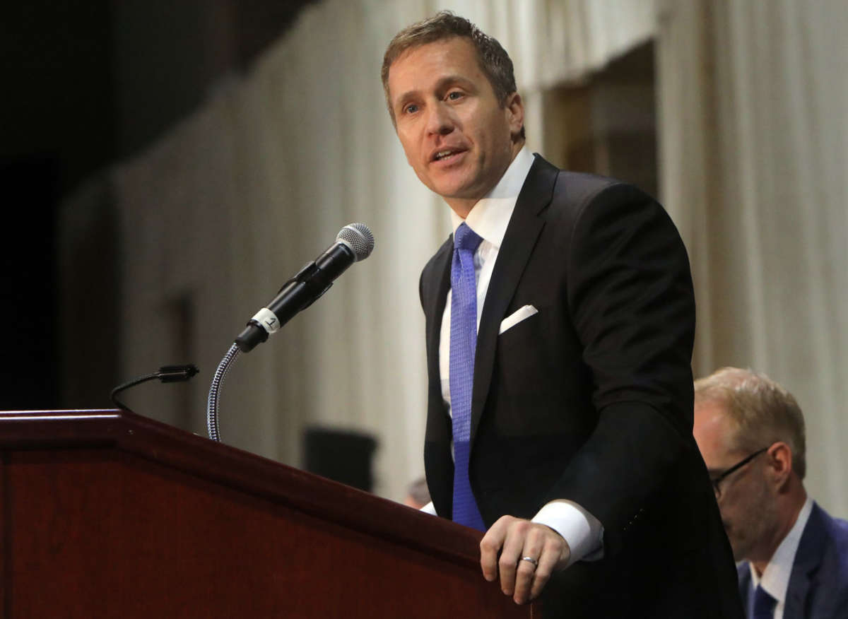Then-Gov. Eric Greitens delivers the keynote address at the St. Louis Area Police Chiefs Association 27th Annual Police Officer Memorial Prayer Breakfast on April 25, 2018, at the St. Charles Convention Center.