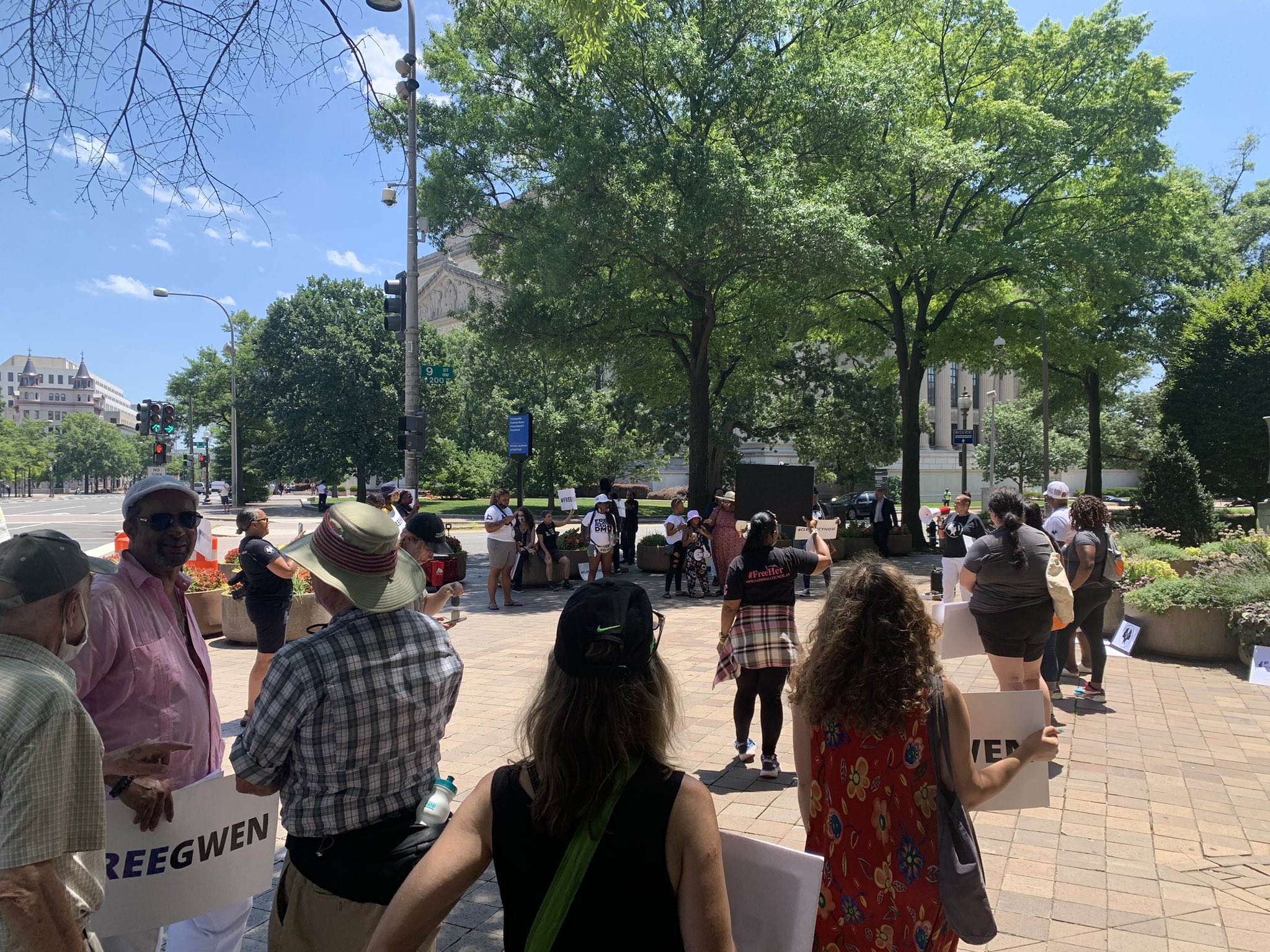 Members of The National Council, Life After Release, Maryland Justice Project and Out for Justice demonstrate outside of the Department of Justice on behalf of Gwendolyn Levi and the more than 4,000 people released under the CARES Act, on June 30, 2021.