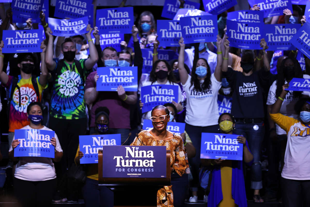 Nina Turner speaks to a crowd of supporters