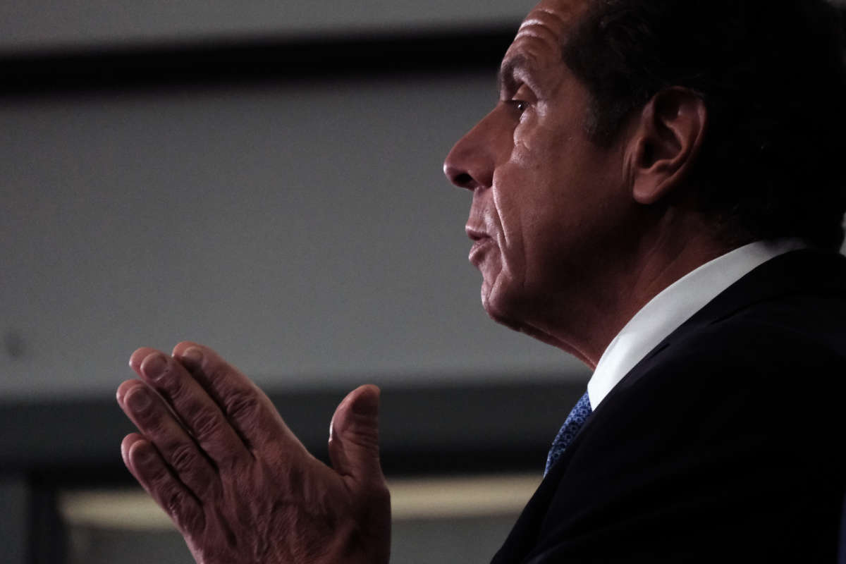 New York Governor Andrew Cuomo speaks at a news conference in Brooklyn on July 14, 2021 in New York City.