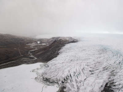 The melting glaciers of Greenland, as seen in an aerial shot