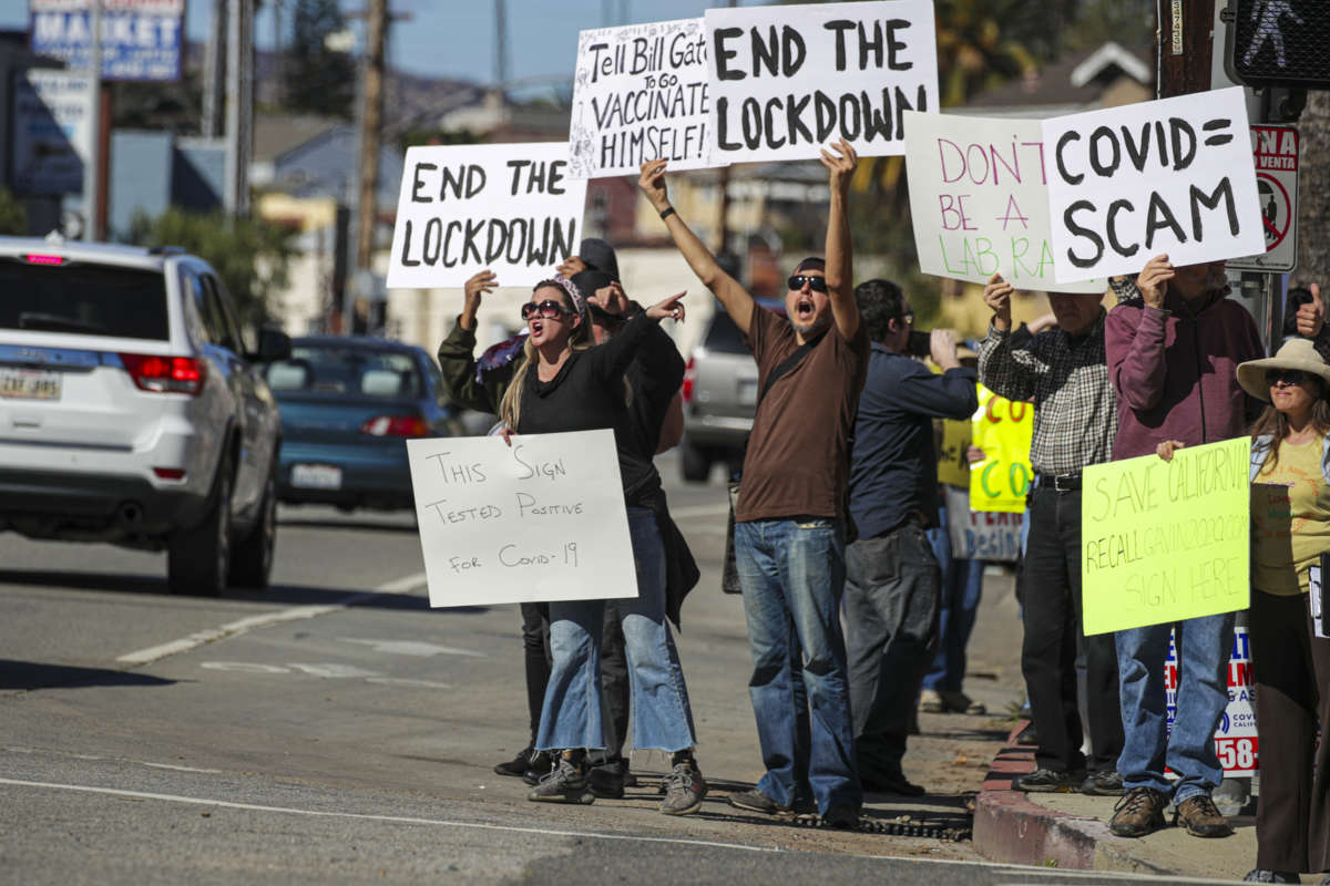 Pro-Pandemic protesters display signs against vaccines and social distancing measures