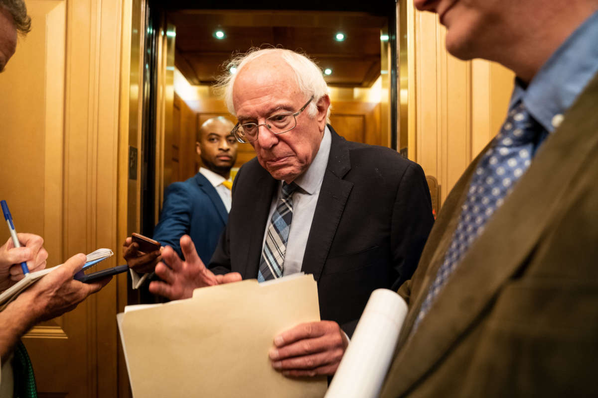 Sen. Bernie Sanders (I-Vermont) speaks with reporters in the Senate side of the U.S. Capitol Building on Wednesday, July 21, 2021.