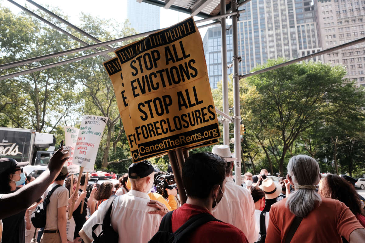 Activists hold a protest against evictions near City Hall on August 11, 2021 in New York City.