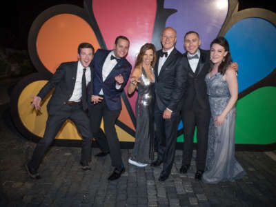 NBC reporter Vaughn Hillyard, MSNBC producer Jesse Rodriguez, Kory Apton, MSNBC President Phil Griffin, Josh Lederman, and MSNBC producer Betsy Korona pose at the NBC News, MSNBC, and Comcast NBCUniversal 2019 White House Correspondents' Dinner After Party at the Embassy of Italy in Washington, D.C.