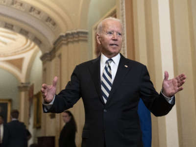 President Joe Biden speaks briefly to reporters after having lunch with Senate Democrats at the U.S. Capitol on July 14, 2021, in Washington, D.C. Biden came to the Hill to discuss with Senate Democrats the $3.5 trillion reconciliation package that would boost Medicare spending.