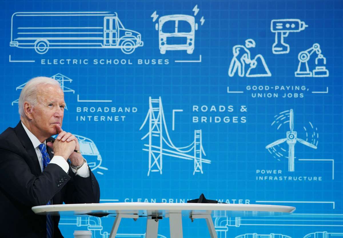 President Joe Biden attends a virtual meeting with governors, mayors and local officials on the Infrastructure Investment and Jobs Act in the South Court Auditorium of the Eisenhower Executive Office Building in Washington, D.C., on August 11, 2021.