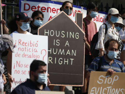 Homes for All Massachusetts hosted a rally outside the State House in Boston, Massachusetts, on August 12, 2021, to voice support for a bill that would temporarily pause evictions and foreclosures for 12 months following the end of the state of emergency.