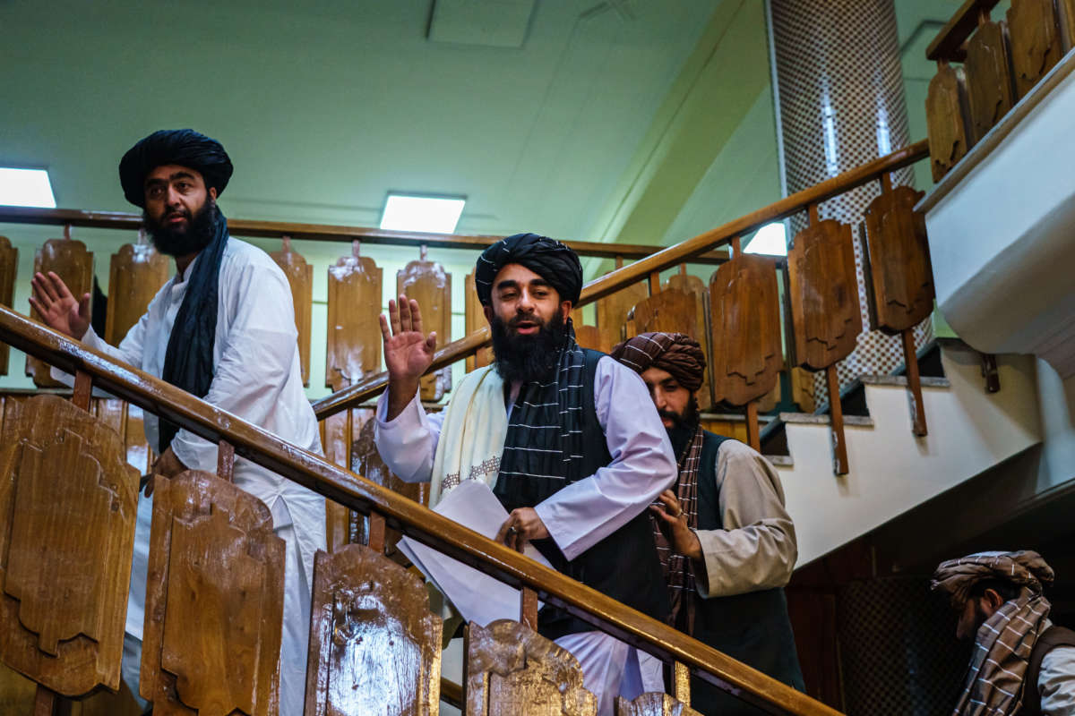 Zabihullah Mujahid, the Taliban spokesman for nearly two decades underground, makes his first-ever public appearance during a press conference in Kabul, Afghanistan, on August 17, 2021.
