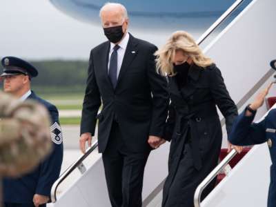 President Joe Biden and First Lady Jill Biden disembark from Air Force One upon arrival at Dover Air Force Base in Delaware, on August, 29, 2021.