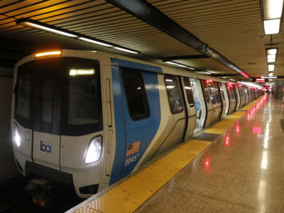 A Bay Area Rapid Transit (BART) train is seen at the Lake Merritt station in Oakland, California, on January 13, 2021. BART trains are just one local public transit system that stand to gain massively from the infrastructure bill.