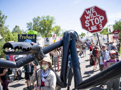A makeshift "black snake" resembling a pipeline was carried as 2,000 Indigenous leaders and water protectors from around the country marched along Highway 9 in Clearwater County, Minnesota, on June 7, 2021, to protest the construction of Enbridge Line 3.