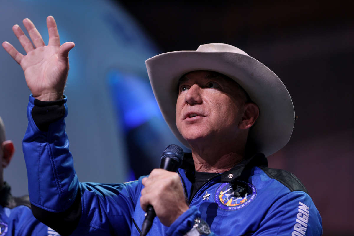 Jeff Bezos speaks about his flight on Blue Origin’s New Shepard into space during a press conference on July 20, 2021, in Van Horn, Texas.