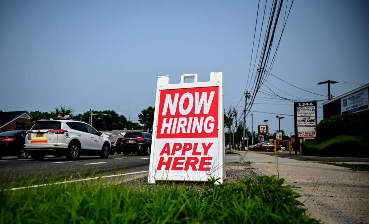 A help wanted sign along Middle Country Road in Selden, New York, on July 20, 2021.