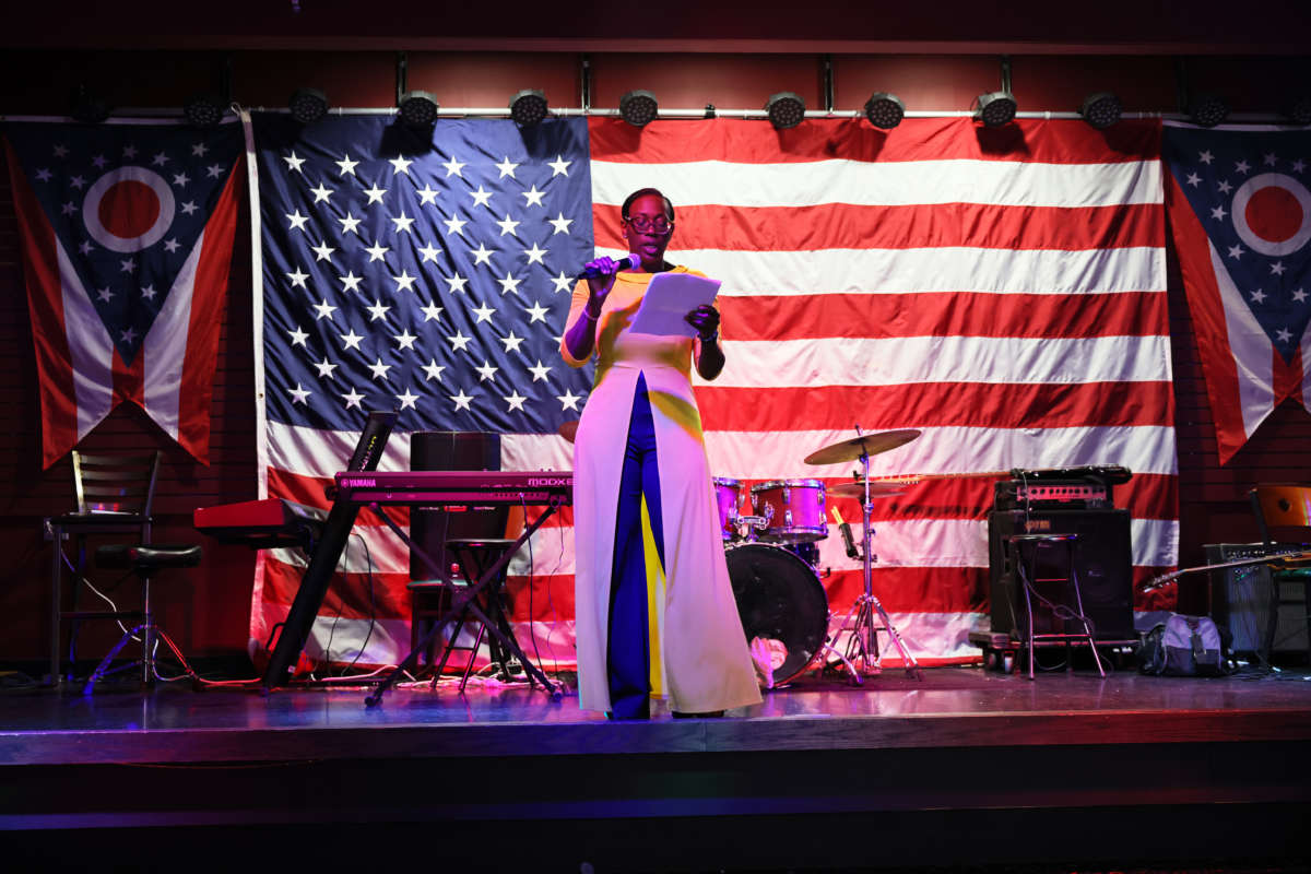 Former Ohio state Sen. Nina Turner gives her concession speech after losing to Cuyahoga County Council member Shontel Brown in a special primary at The Lanes on August 3, 2021, in Maple Heights, Ohio.