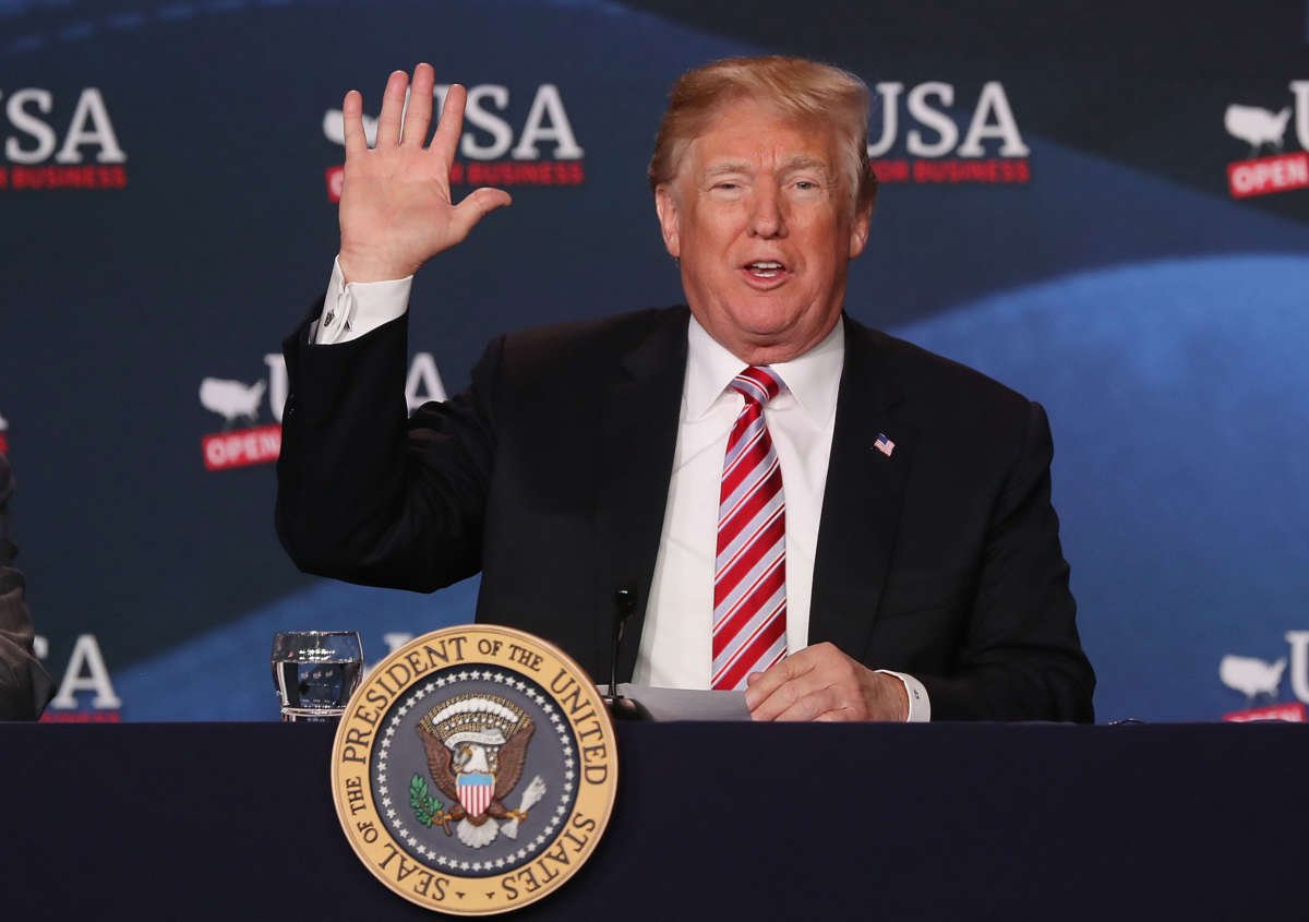 Donald Trump speaks during a roundtable discussion about the Republican $1.5 trillion tax cut package on April 16, 2018, in Hialeah, Florida.