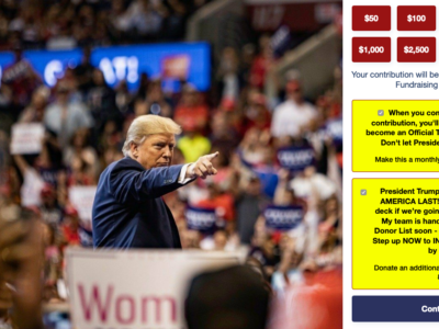 A screenshot depicting a pre-checked recurring donation box on donaldjtrump.com's donation page, taken on August 6, 2021.