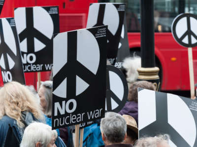 Anti-nuclear weapons activists from Campaign for Nuclear Disarmament stage a protest outside Westminster Abbey on May 3, 2019, in London, England.