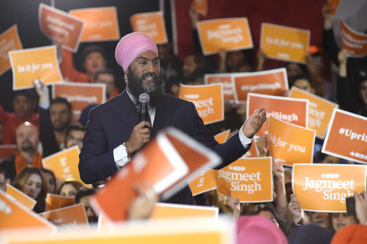 New Democratic Party Leader Jagmeet Singh speaks during a campaign rally in Brampton, Canada, on October 17, 2019.