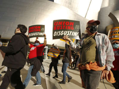 Union workers rally in Downtown Los Angeles in support of unionizing Alabama Amazon workers on March 22, 2021, in Los Angeles, CA.