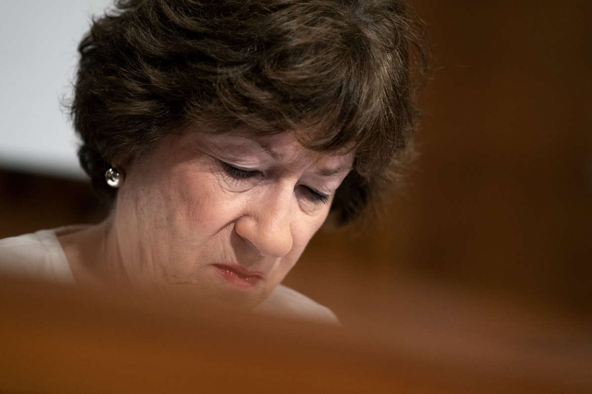 Sen. Susan Collins listens during a Senate Health, Education, Labor, and Pensions Committee hearing at the Dirksen Senate Office Building on July 20, 2021, in Washington, D.C.