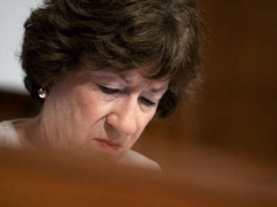 Sen. Susan Collins listens during a Senate Health, Education, Labor, and Pensions Committee hearing at the Dirksen Senate Office Building on July 20, 2021, in Washington, D.C.