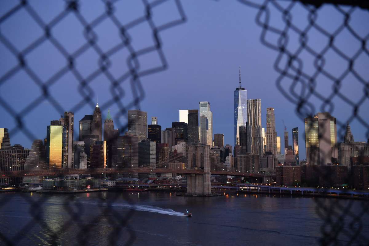 The early morning skyline is viewed on the 20th anniversary of the 9/11 attacks on the World Trade Center in Manhattan in New York, on September 11, 2021.