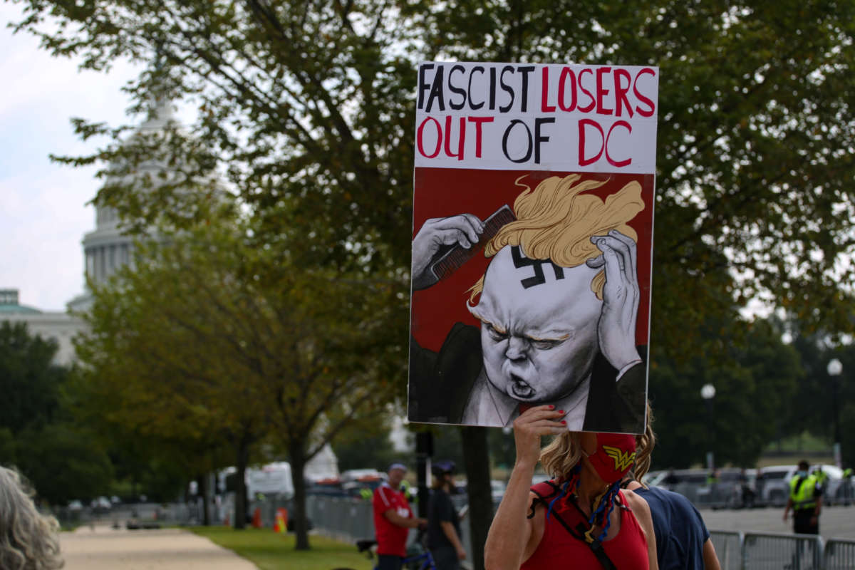 Counterprotestors demonstrate near the "Justice for J6" rally in Washington, D.C., on September 18, 2021. The "Justice for J6" rally was in support of those arrested during the January 6 coup attempt.