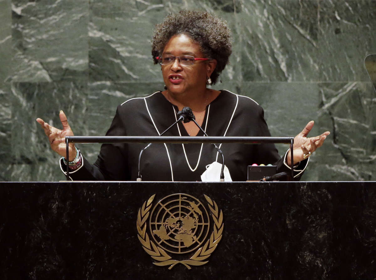 Prime Minister of Barbados Mia Amor Mottley addresses the 76th session of the United Nations General Assembly at UN headquarters on September 24, 2021, in New York.