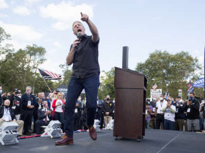 New York City Patrolman Benevolent Association President Patrick Lynch campaigns for President Trump at a rally hosted by Long Island and New York City police unions in support of the police on October 4, 2020, in Suffolk County, New York.