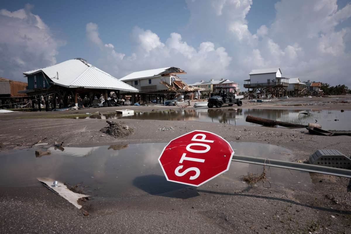 Homes destroyed in the wake of Hurricane Ida are seen on September 2, 2021, in Grand Isle, Louisiana.