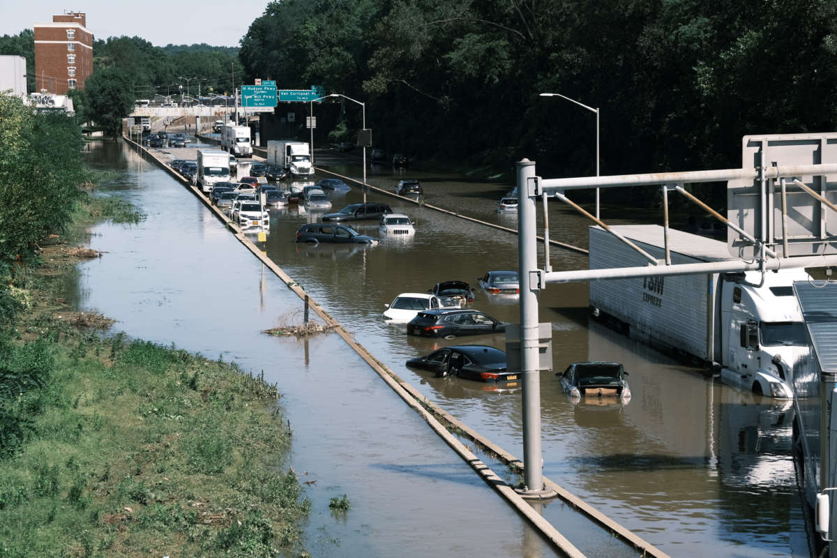 Cars sit abandoned on the flooded Major Deegan Expressway in the Bronx following a night of heavy wind and rain from the remnants of Hurricane Ida on September 2, 2021, in New York City.
